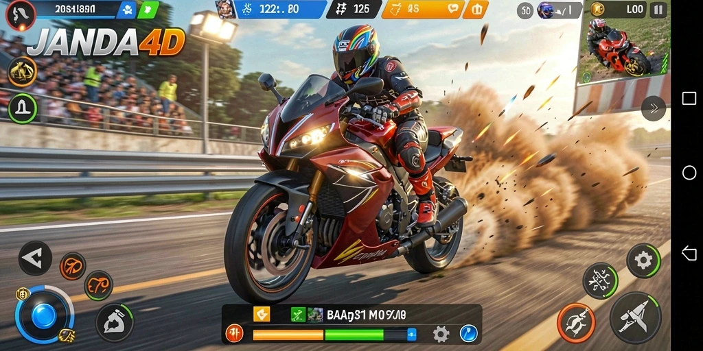 Tampilan gameplay seru dari JANDA4D saat balapan motor.