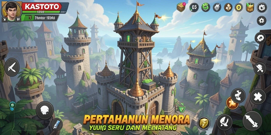 Tangkapan layar gameplay KASTOTO menampilkan aksi menara pertahanan yang mengasyikkan.