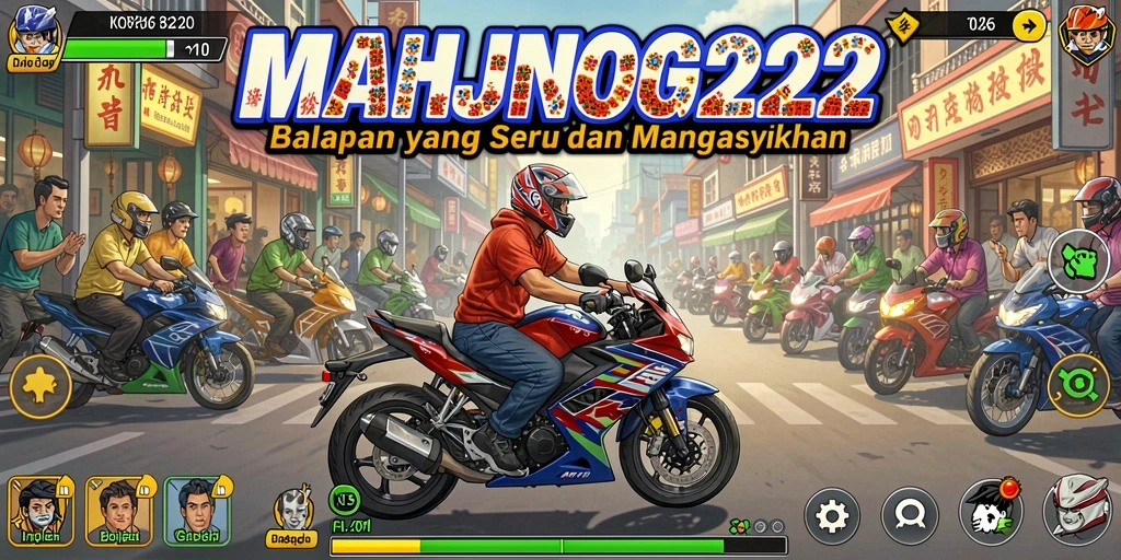 Screenshot utama <strong>MAHJONG222</strong> menampilkan aksi balapan motor yang spektakuler.