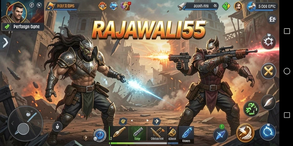 Screenshot gameplay RAJAWALI55 menunjukkan pertarungan seru antara karakter.