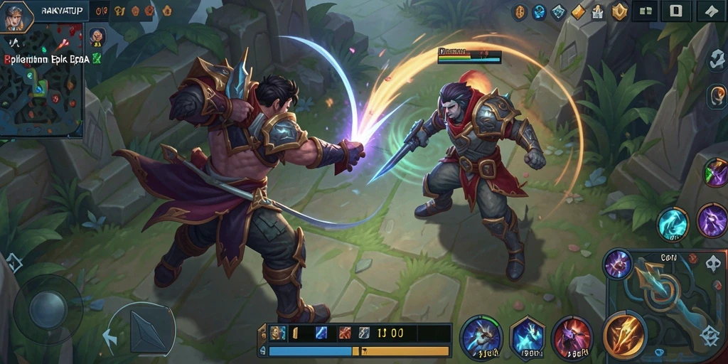Tampilan gameplay seru RAKYATJP di arena pertarungan MOBA.