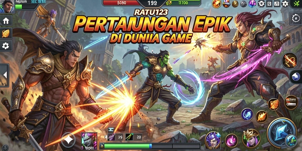 Tangkapan layar utama RATU123 menampilkan pertarungan seru antara karakter.
