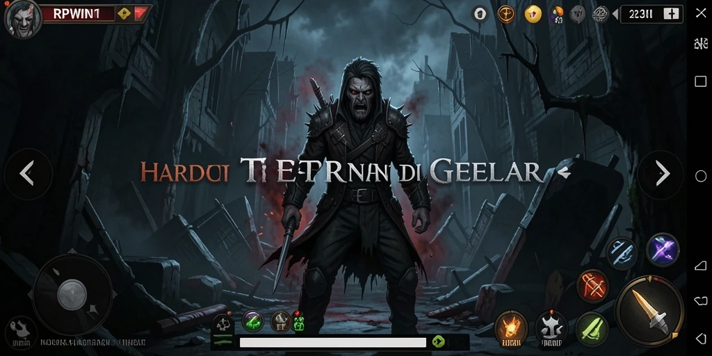 Tampilan utama gameplay menunjukkan karakter melawan kegelapan yang menyeramkan.