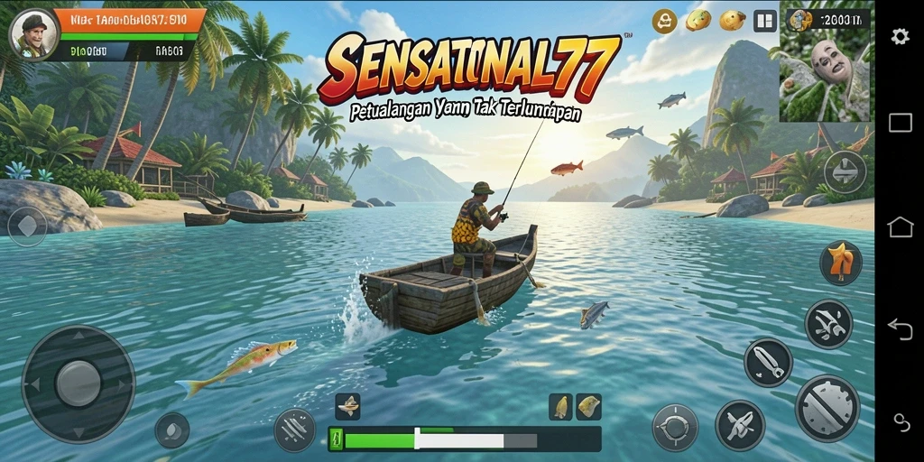 Screenshot gameplay SENSATIONAL77 dengan suasana memancing yang menawan.